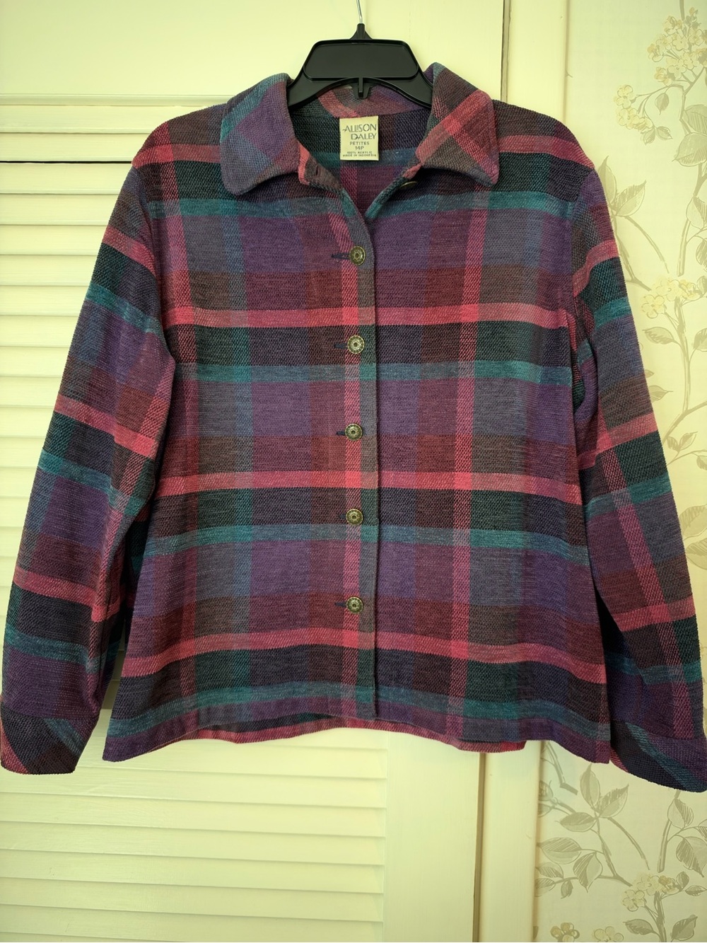 Vintage Allison Daley Button-Front Plaid Jacket in Purple, Pink and Teal